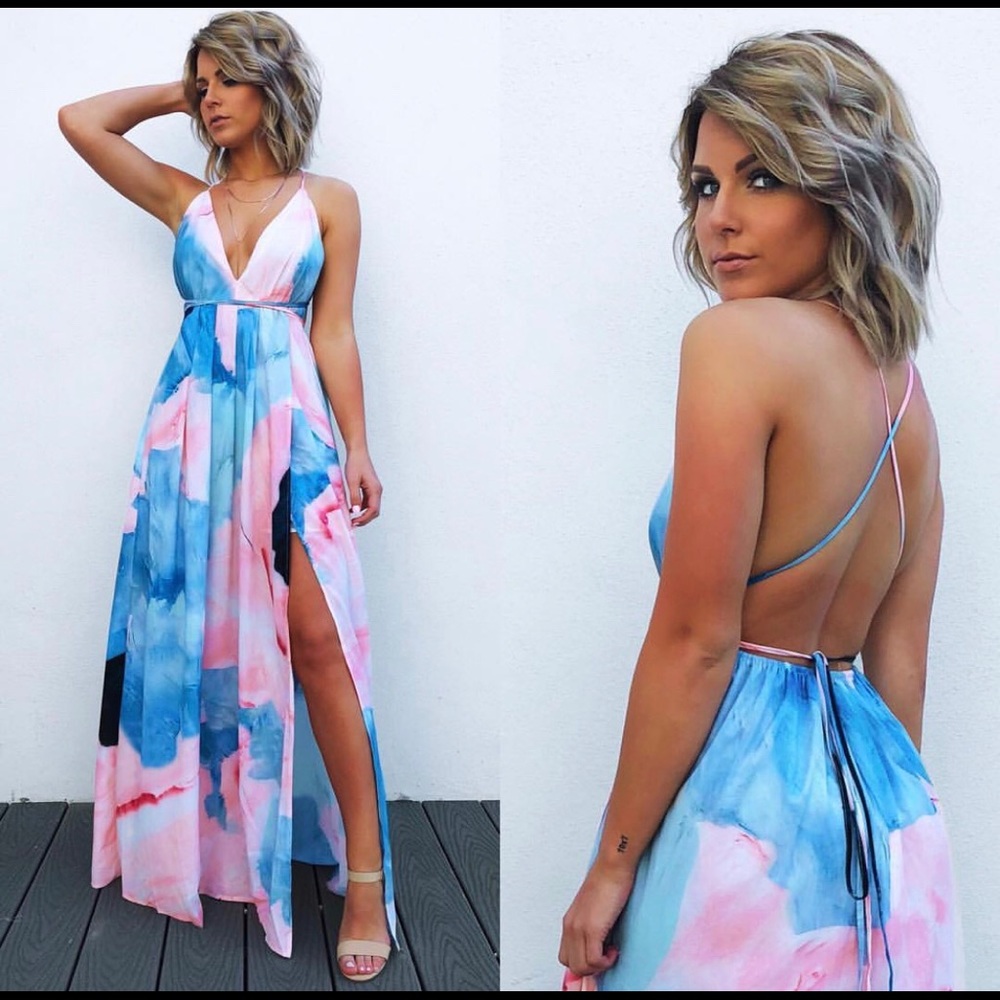 Pink and blue dress with slit